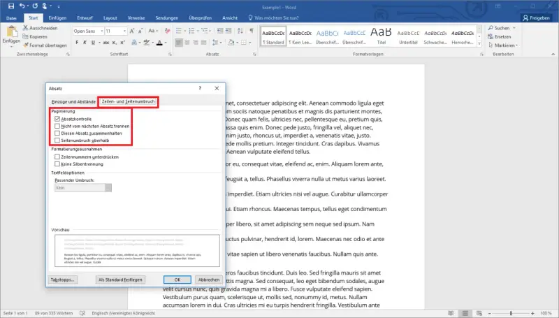 Dialogfenster "Absatz" in Word, Reiter "Zeilen- und Seitenumbruch" mit Optionen zur Textformatierung, z.B. Absatzkontrolle.