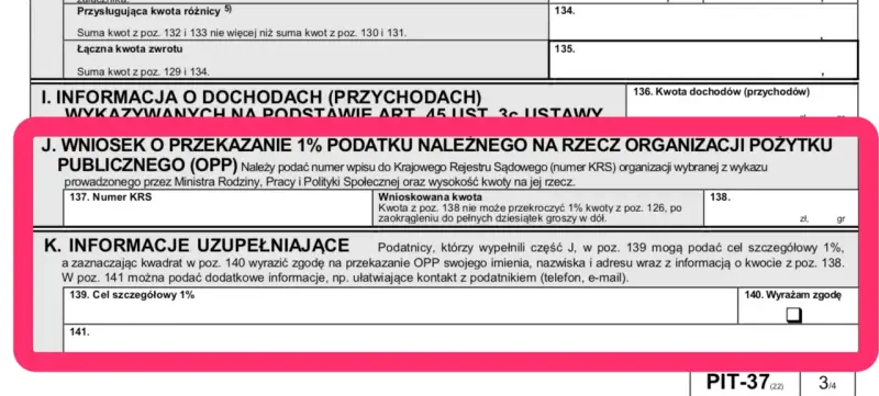 Wniosek o przekazanie 1% podatku na OPP. Wpisz numer KRS organizacji i kwotę. To jedna z opcji, co można odliczyć w PIT.