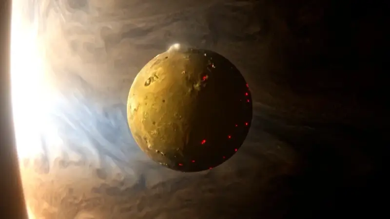 Aktywny wulkaniczny księżyc Io, część kolekcji planet metal, świeci czerwonymi punktami na tle wirującego Jowisza.