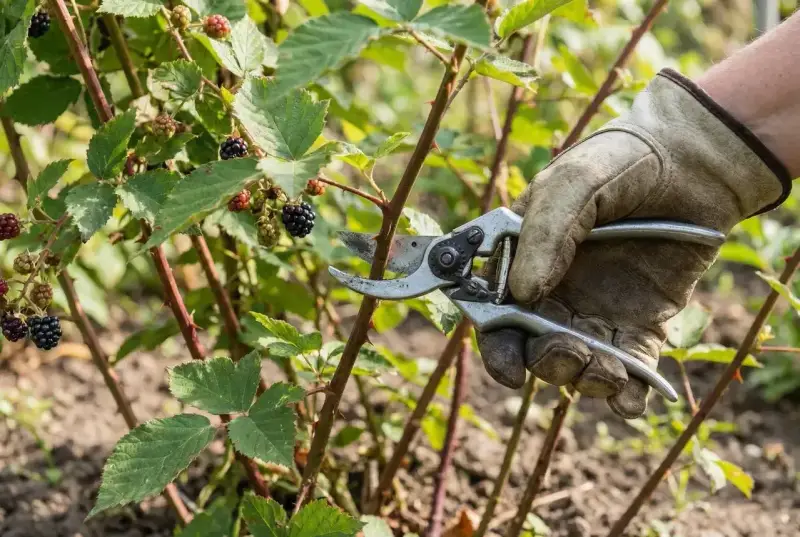 Ręka w rękawicy przycina gałąź jeżyny z owocami. Jesienne przycinanie jeżyny to klucz do obfitych plonów w przyszłym roku.