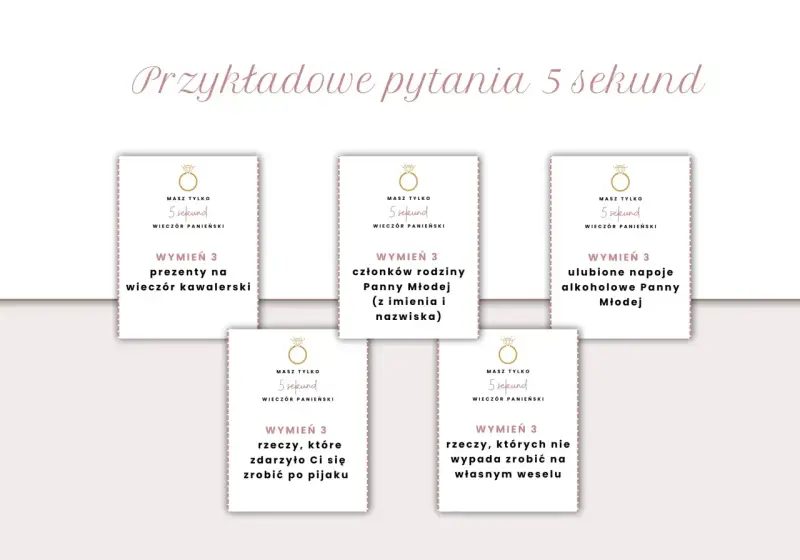 Karty z pytaniami na wieczór panieński: "wymień 3 prezenty na wieczór kawalerski", "wymień 3 członków rodziny Panny Młodej", "wymień 3 ulubione napoje alkoholowe Panny Młodej", "wymień 3 rzeczy, które zdarzyło Ci się zrobić po pijaku", "wymień 3 rzeczy...