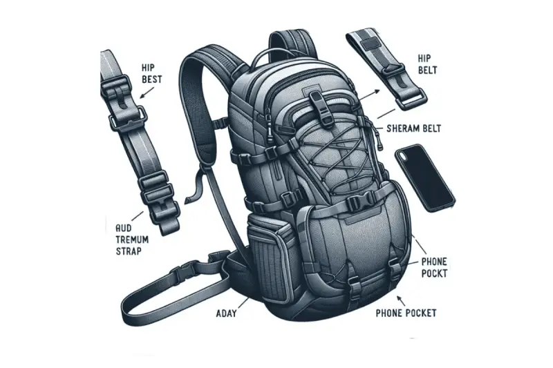 Ilustración detallada de las partes de una mochila escolar, mostrando correas, cinturones y bolsillos para el teléfono.