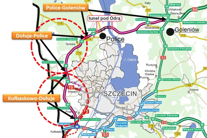 Mapa zachodniej obwodnicy Szczecina z zaznaczonym tunelem pod Odrą, drogami S3, S6, A6 i innymi trasami.
