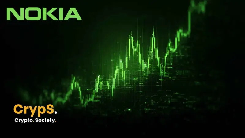 Zielony wykres świecowy symbolizujący akcje Nokia, z logo Nokia i Cryps. Crypto. Society.