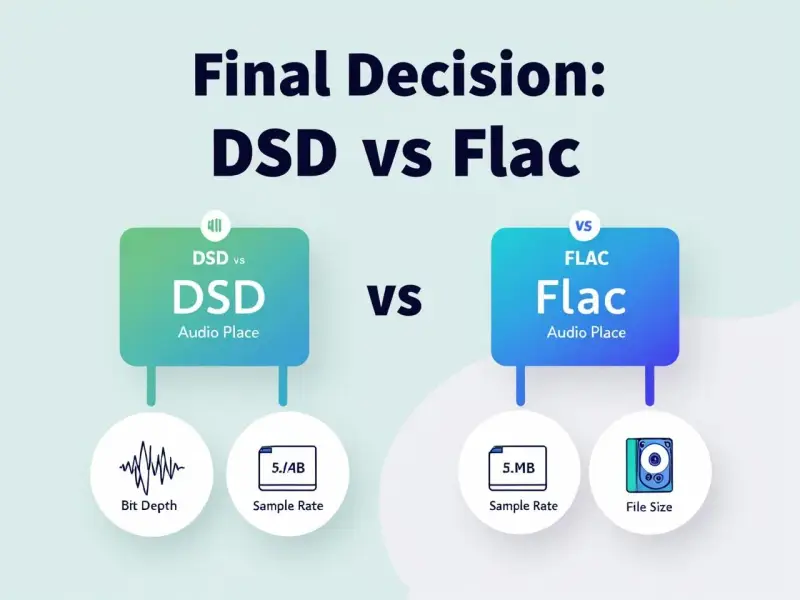 Porównanie DSD vs FLAC: co to za formaty audio? Grafika pokazuje różnice w głębi bitowej, częstotliwości próbkowania i rozmiarze plików.