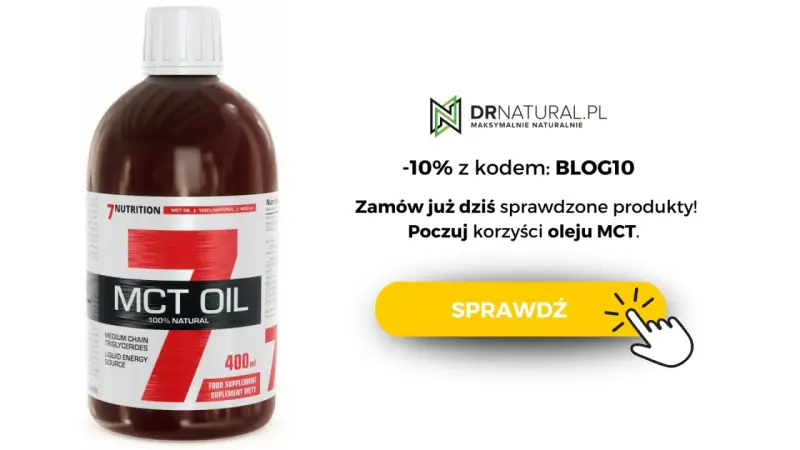 Butelka oleju MCT 100% naturalnego. Sprawdź korzyści i uniknij potencjalnych skutków ubocznych oleju MCT. Zniżka -10% z kodem BLOG10.