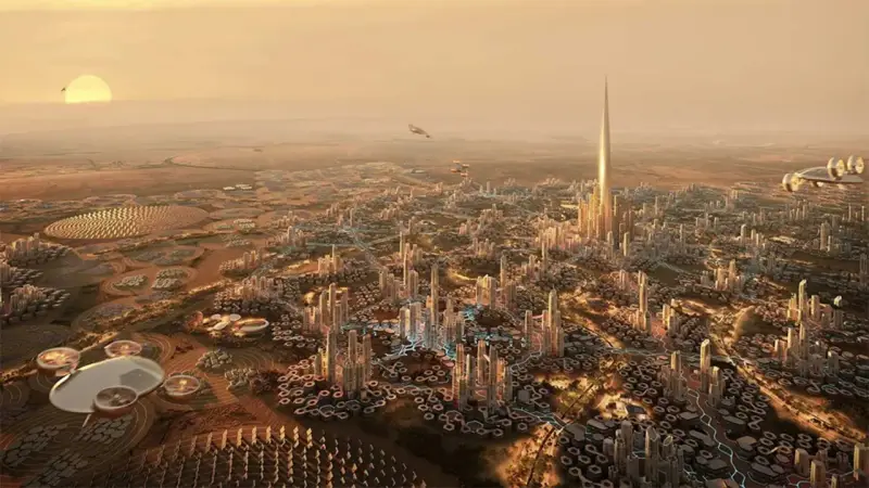 Futurystyczne miasto z dominującą, lśniącą rise tower. Latające pojazdy i okrągłe struktury na pustynnym krajobrazie.