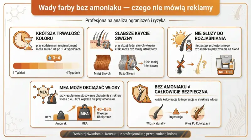 Wady farb bez amoniaku: krótsza trwałość koloru, słabsze krycie siwizny, nie służą do rozjaśniania, MEA obciąża włosy. MEA to nie to samo co amoniak.