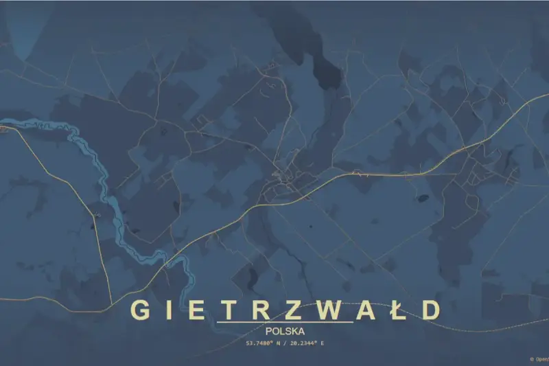Mapa pokazuje, gdzie leży Gietrzwałd w Polsce. Widoczna jest rzeka i sieć dróg.