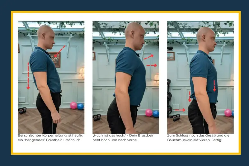 Mann korrigiert Haltung: Brustbein hoch, Bauch anspannen. Ein **growth mindset** hilft, schlechte Gewohnheiten zu überwinden und sich zu verbessern.