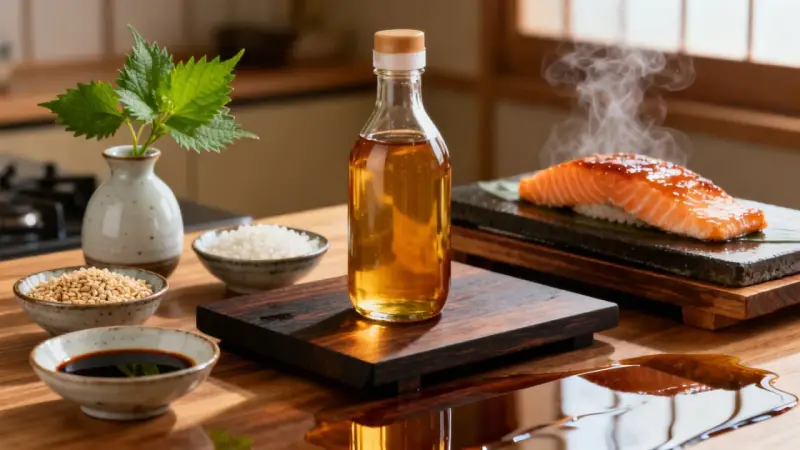 Butelka z płynnym złotem, czyli mirin, stoi obok składników do sushi. To klucz do smaku!
