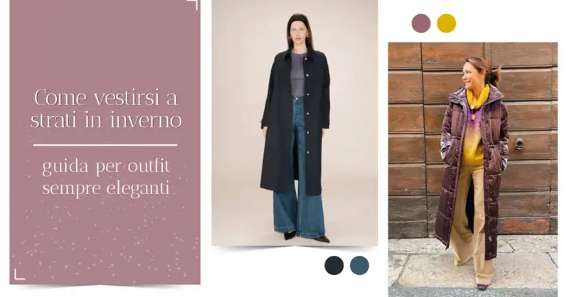 Guida per vestirsi a strati in inverno con outfit eleganti. Due donne mostrano come creare look chic con cappotti lunghi e maglioni colorati.
