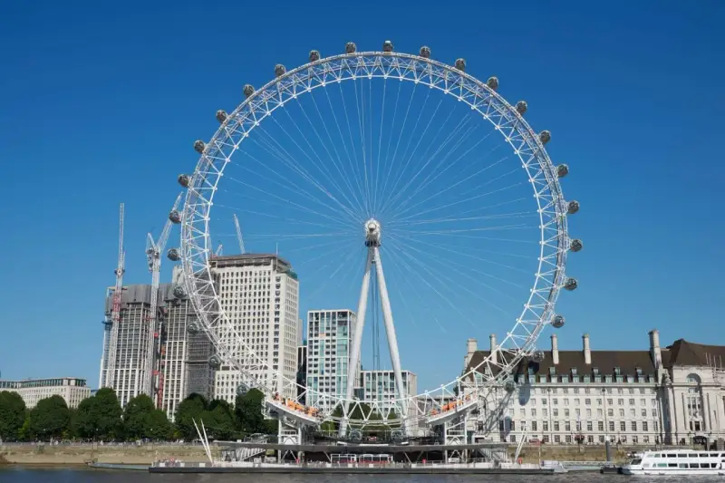 Widok na London Eye z kapsułami i budynkami w tle. Sprawdź aktualną london eye cena, by zaplanować wizytę.