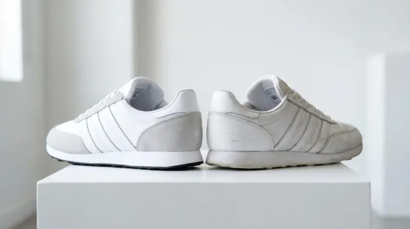 Dwa białe buty sportowe Adidas, jeden czysty, drugi lekko zabrudzony. Jak sprawdzić oryginalność? Zwróć uwagę na detale.