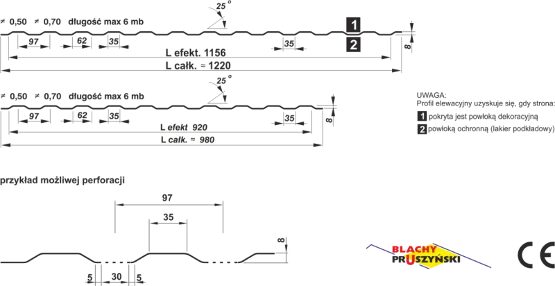 Schemat blachy trapezowej z wymiarami: szerokość 97, 62, 35 mm, grubość 0,50-0,70 mm, długość max 6 mb.