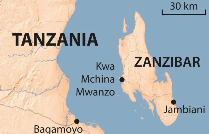 Mapa pokazuje Tanzanię i Zanzibar. Czy Zanzibar to państwo? Leży na wschód od kontynentu, blisko wybrzeża.