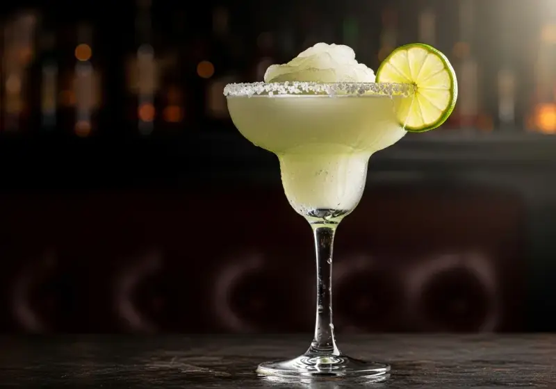 En frostig frozen margarita med saltkant och limeklyfta, perfekt för en varm dag.