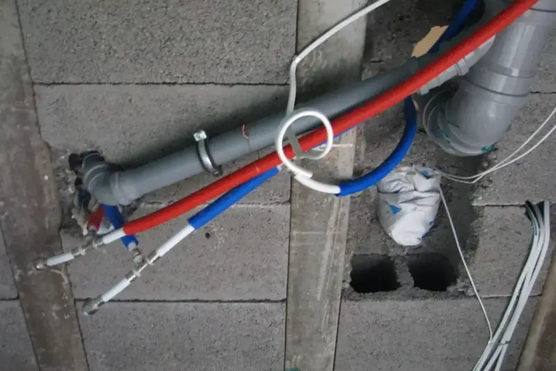 Instalacja wodna z rurami PP w ścianie z pustaków. Widoczne rury czerwone i niebieskie, szary odpływ.