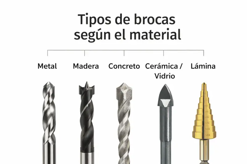 Diferentes tipos de brocas para metal, madera, concreto, cerámica/vidrio y lámina.