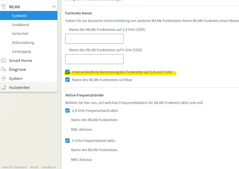Einstellungen für WLAN-Funknetze: Hier können Sie das 5ghz wlan einstellen und die Namen für 2,4 und 5 GHz Funknetze festlegen.