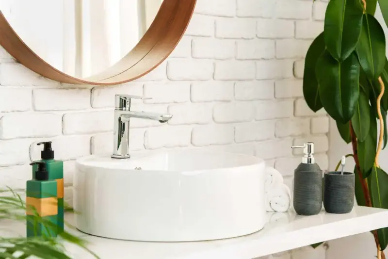 Instalar lavabo sobre encimera: un baño moderno con lavabo blanco, grifería cromada, espejo redondo y plantas.