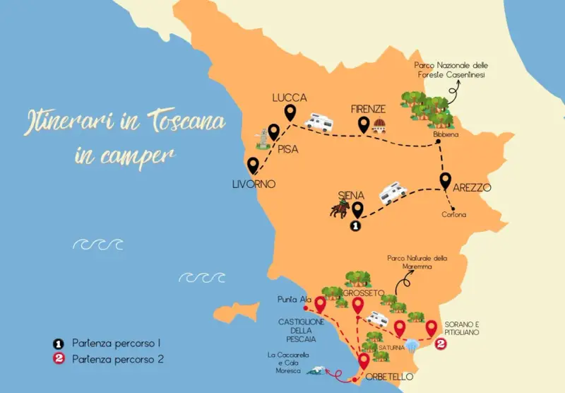 Mappa di itinerari in Toscana in macchina, con tappe a Lucca, Pisa, Firenze, Siena, Arezzo, Grosseto e la costa.