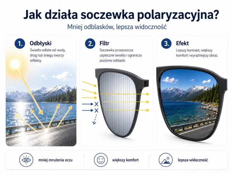 Ilustracja pokazuje, jak soczewka polaryzacyjna redukuje odblaski, poprawiając widoczność. Działanie polaryzacji eliminuje refleksy, zapewniając lepszy komfort.