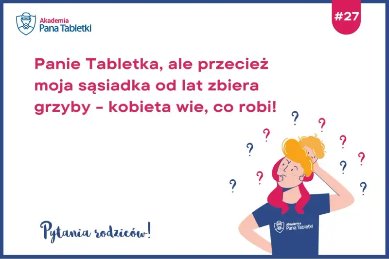 Rodzice zastanawiają się, od ilu lat dzieci mogą jeść grzyby. Ilustracja przedstawia zamyśloną osobę z dzieckiem na ramionach, otoczoną znakami zapytania.
