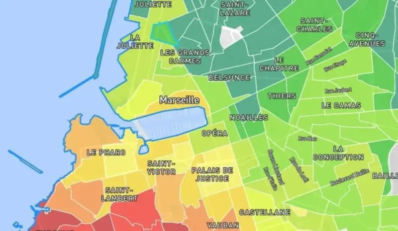 Carte des quartiers de Marseille, avec des couleurs indiquant des zones. La Joliette et Les Grands Carmes semblent être le meilleur quartier marseille.