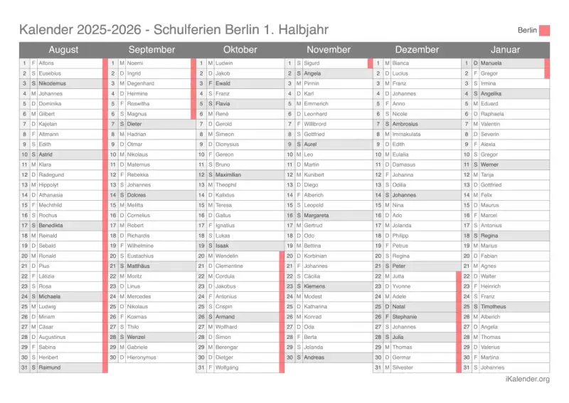 Kalender 2025-2026 mit Monatsübersicht und Namen.