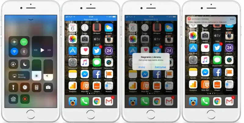 Nagrywanie ekranu na iPhonie. Widok centrum sterowania i ekranu głównego z powiadomieniem o zakończeniu nagrywania.