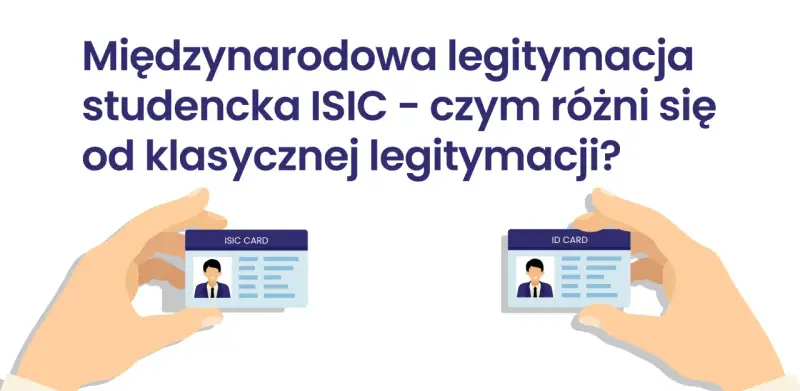 Dwie dłonie trzymają karty: ISIC CARD i ID CARD. Tytuł pyta o różnice między nimi.