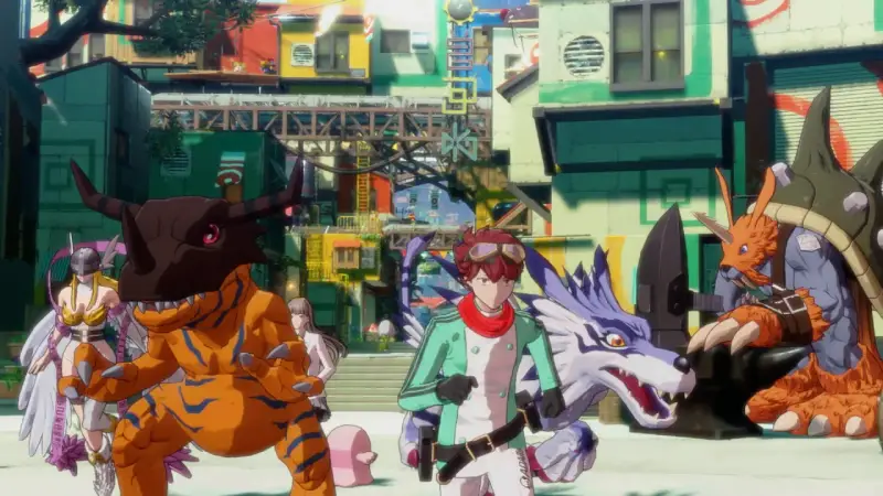 Un chico y sus Digimon, incluyendo a Agumon y Gabumon, se encuentran en una ciudad colorida. Es un momento de **digimon story time stranger**.