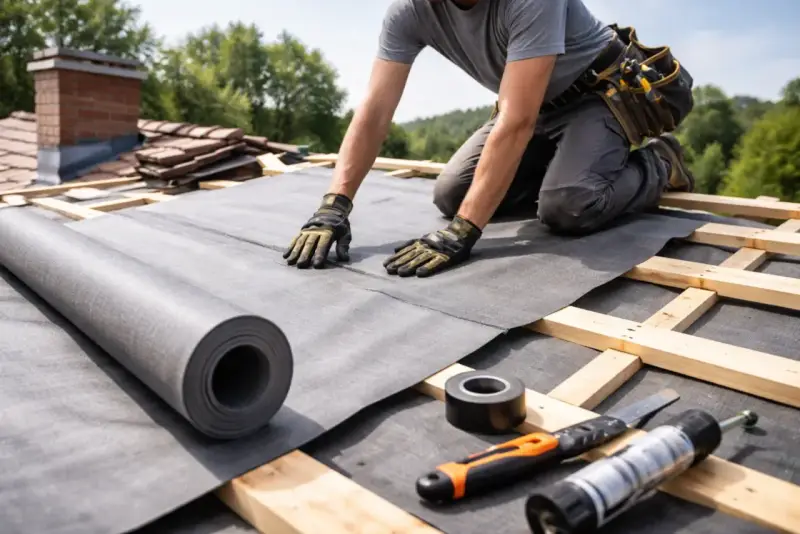 Pracownik wykonuje montaż membrany dachowej, rozwijając szarą rolkę na drewnianej konstrukcji dachu. Widać narzędzia i taśmę.
