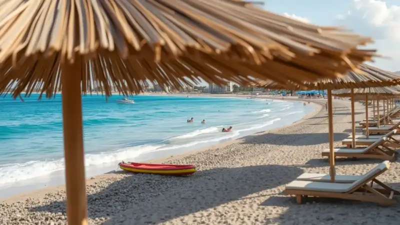 Słoneczny dzień na plaży Nissi Beach. Leżaki pod parasolami, turkusowa woda, kajak i ludzie kąpiący się w morzu.