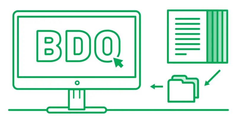Komputer z napisem BDO, dokument i folder. KPO w BDO to proces zarządzania danymi.