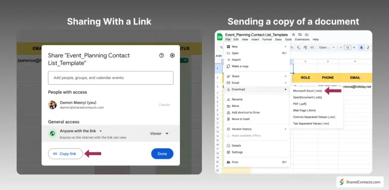 Udostępnianie arkusza kalkulacyjnego google excel przez link lub wysyłanie kopii.