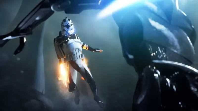 Żołnierz klonów w powietrzu, strzelający z blastera. Intensywna akcja w stylu Star Wars Battlefront 3.
