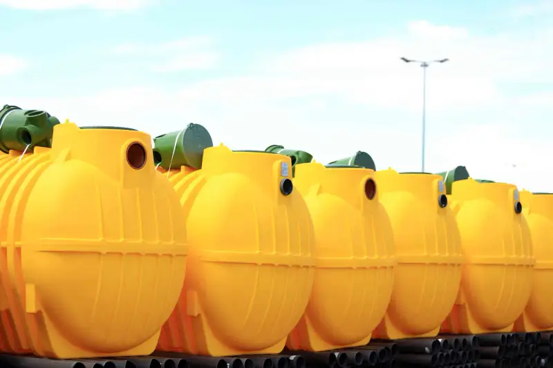 Rząd żółtych, plastikowych zbiorników na szambo ekologiczne. Czy szambo ekologiczne trzeba opróżniać? Tak, nawet te ekologiczne wymagają regularnego serwisu.