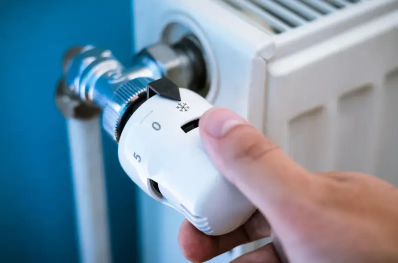 Dłoń reguluje jeden z rodzajów termostatów grzejnikowych, ustawiając temperaturę.