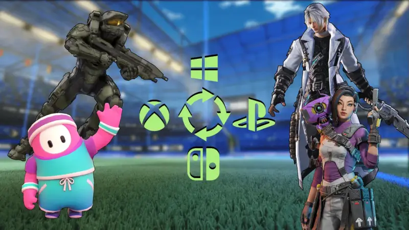Master Chief, Fall Guy, and Apex Legends characters symbolizują gry cross play. Ikony Xbox, PlayStation, Switch i Windows.