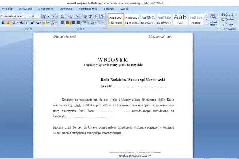Wniosek o opinię w sprawie oceny pracy nauczyciela przedszkola. Dokument zawiera nagłówek "Wniosek o opinię w sprawie oceny pracy nauczyciela" i dane dotyczące Rady Rodziców.