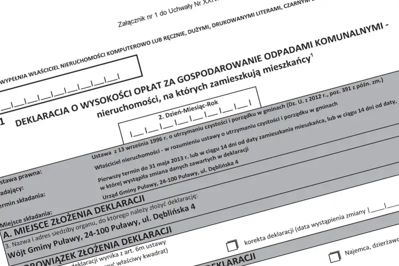 Deklaracja o wysokości opłat za gospodarowanie odpadami komunalnymi, niezbędna do prawidłowego rozliczenia wywozu śmieci.