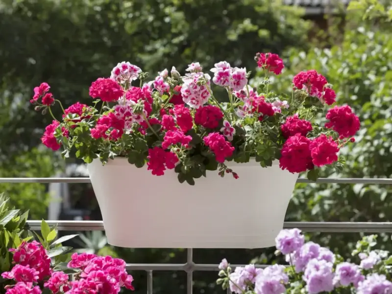 Biała skrzynka pełna kwitnących pelargonii na balkonie. Krwistoczerwone i różowo-białe kwiaty tworzą barwną kompozycję, ciesząc oko w słoneczny dzień.