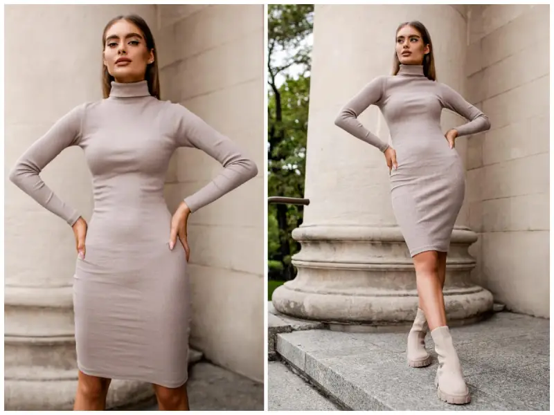 Elegancka sukienka polo damska z golfem, podkreślająca sylwetkę. Modelka prezentuje ją na tle kolumny.