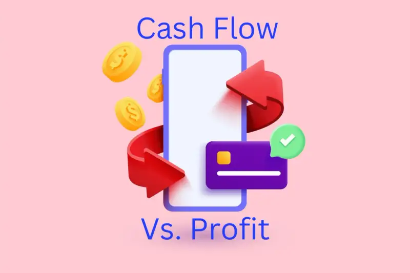 Illustration showing coins, a smartphone, a credit card, and arrows, representing the concept of cash flow vs. profit.