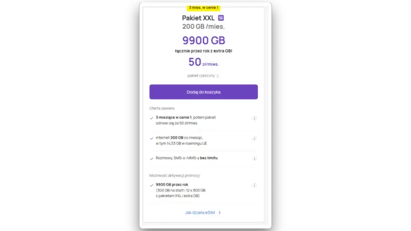 Pakiet XXL Play: 200 GB miesięcznie, 9900 GB przez rok. Promocja 3 miesiące w cenie 1, potem 50 zł/mies.
