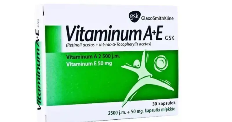 Opakowanie Vitaminum A+E GSK. Jak długo stosować? Zawiera 30 kapsułek miękkich: Vitaminum A 2500 j.m., Vitaminum E 50 mg.
