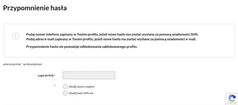Formularz przypomnienia hasła do PUE. Podaj login, wybierz sposób wysyłki hasła: e-mailem lub SMS-em.