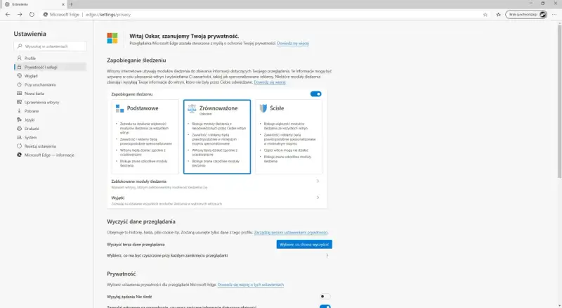 Ustawienia prywatności w przeglądarce Microsoft Edge: blokowanie śledzenia, czyszczenie danych i zarządzanie prywatnością.